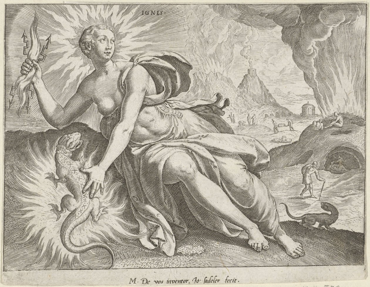 ilotulitus Ignis (otsikko esineessä) The Four Elements (sarjan nimi) tekijältä Johann Sadeler (I)