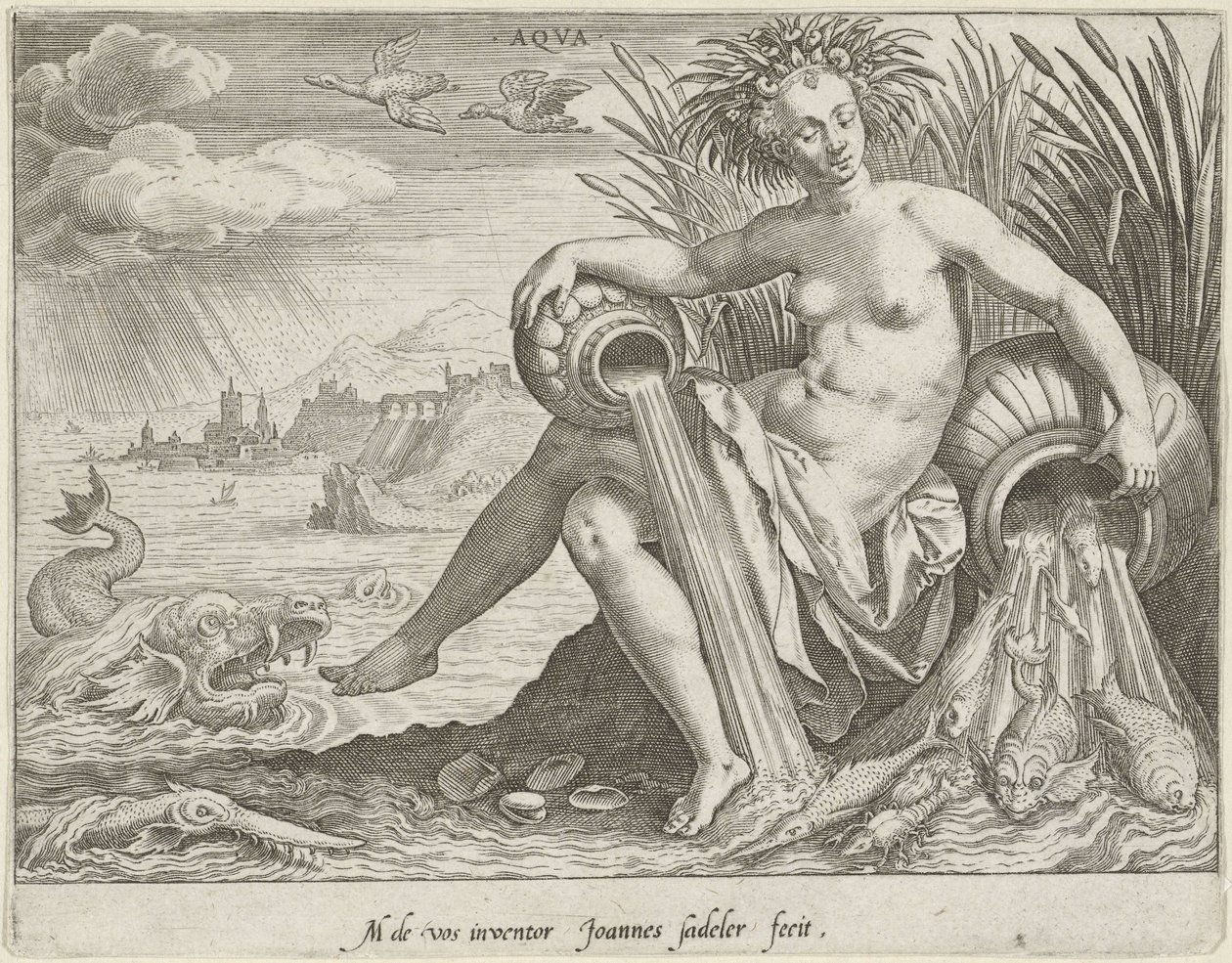 Vesi Aqva (otsikko esineessä) The Four Elements (sarjan nimi) tekijältä Johann Sadeler (I)