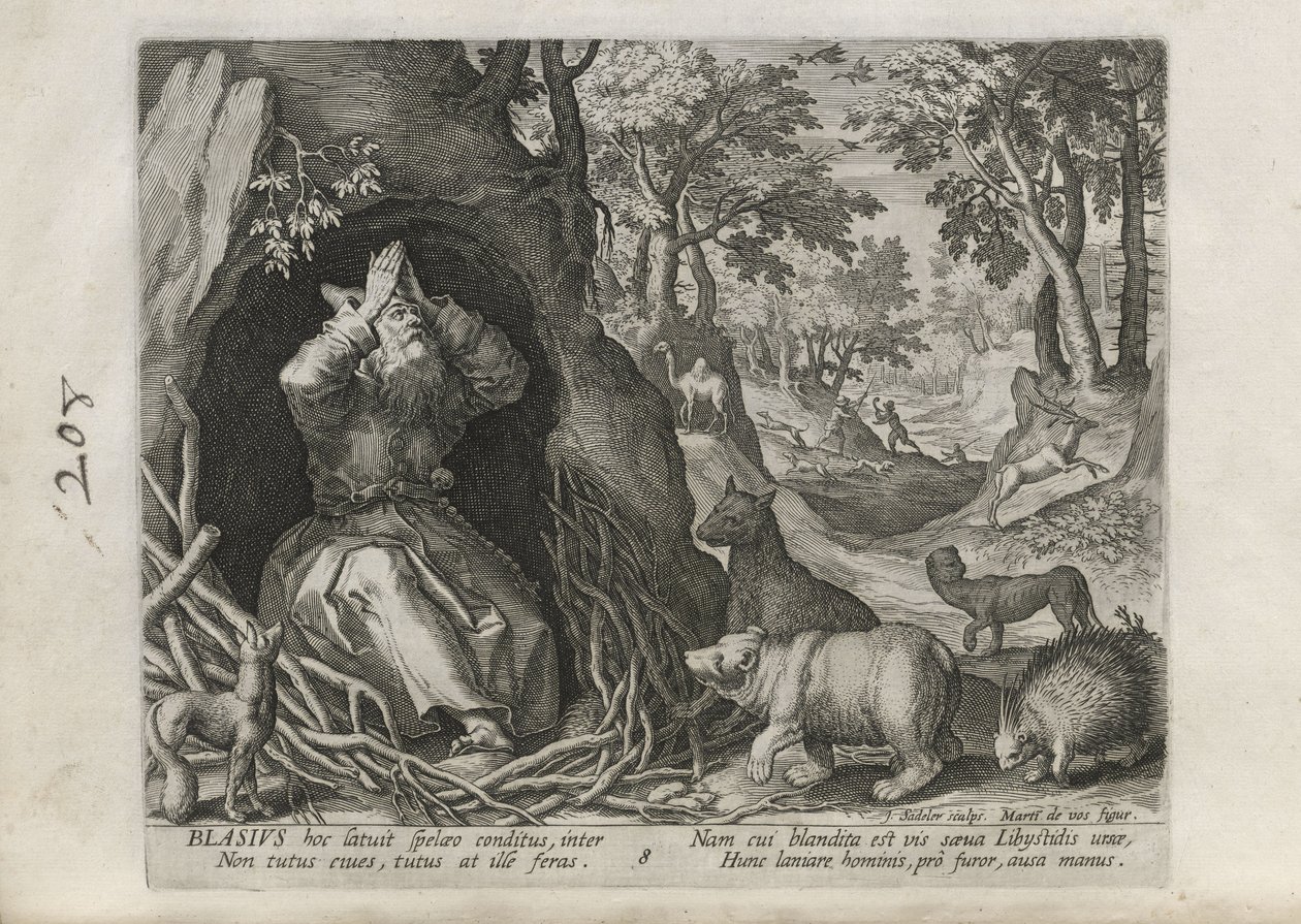 Blasius, kuva 8/30 sarjasta Sylvae Sacrae (Erakot maisemissa) tekijältä Johann Sadeler I