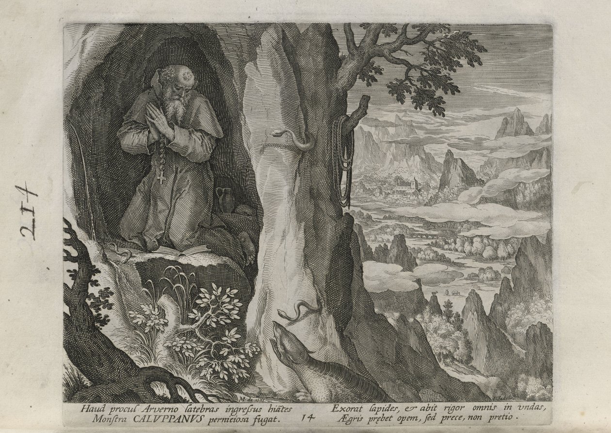 Caluppanus, teos nro 14/30 sarjasta Sylvae Sacrae (Erakot maisemissa) tekijältä Johann Sadeler I