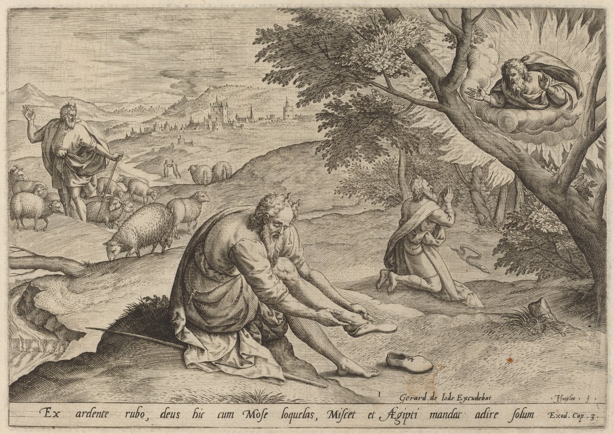 Jumala ilmestyy Moosekselle, 1585. tekijältä Johann Sadeler I