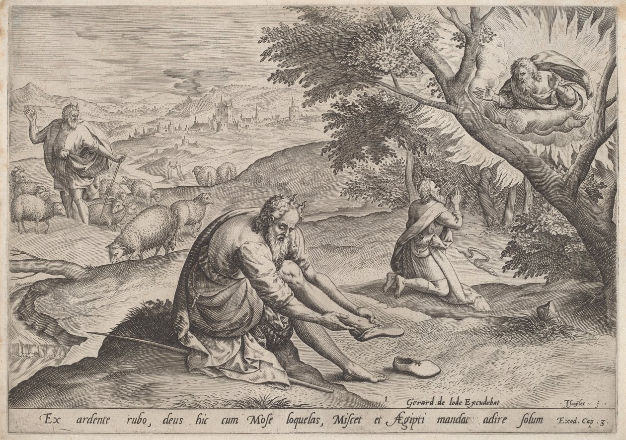 Jumala ilmestyy Moosekselle, 1585. tekijältä Johann Sadeler I