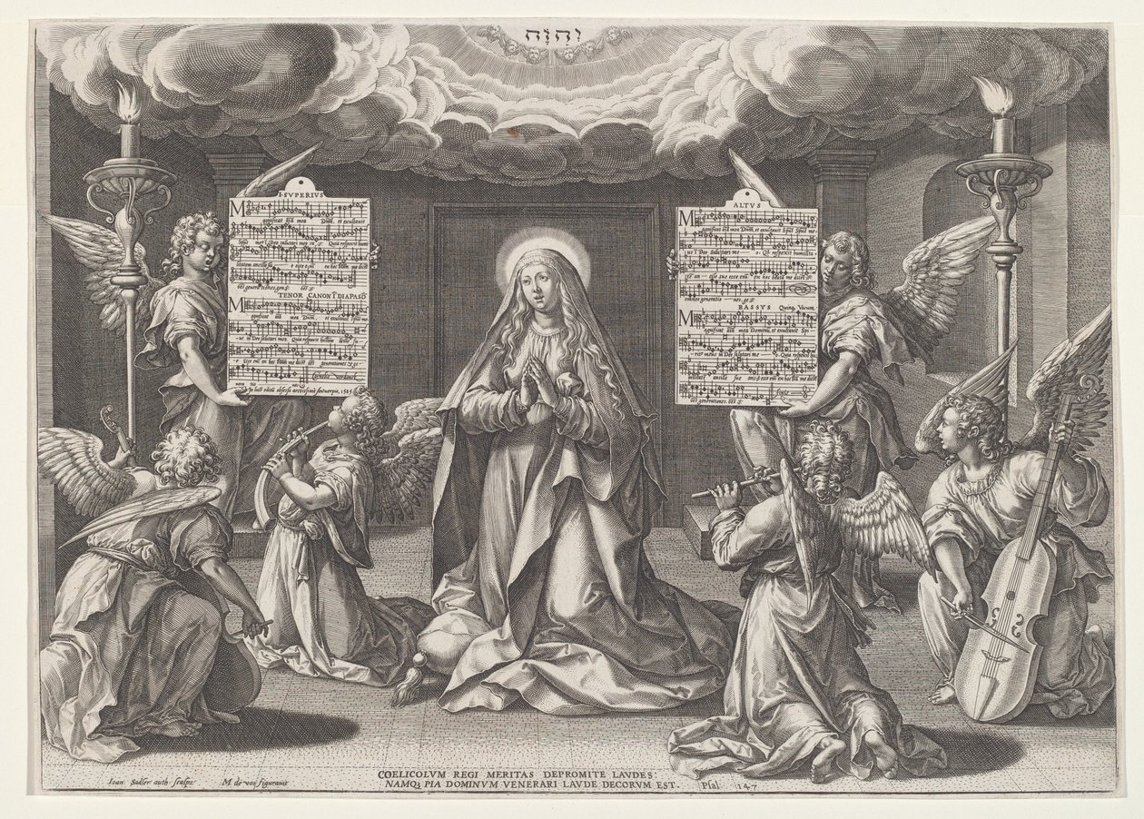 Magnificat: Neitsyt musiikkia tekevien enkelien ympäröimänä, 1585. tekijältä Johann Sadeler I