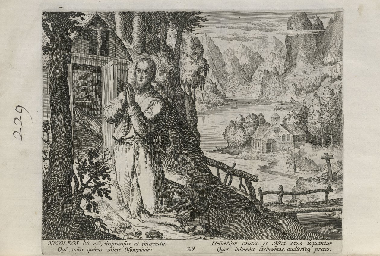 Nicoleos, taulu 29 kaikkiaan 30 taulun sarjasta Sylvae Sacrae (Erakkoja maisemissa) tekijältä Johann Sadeler I