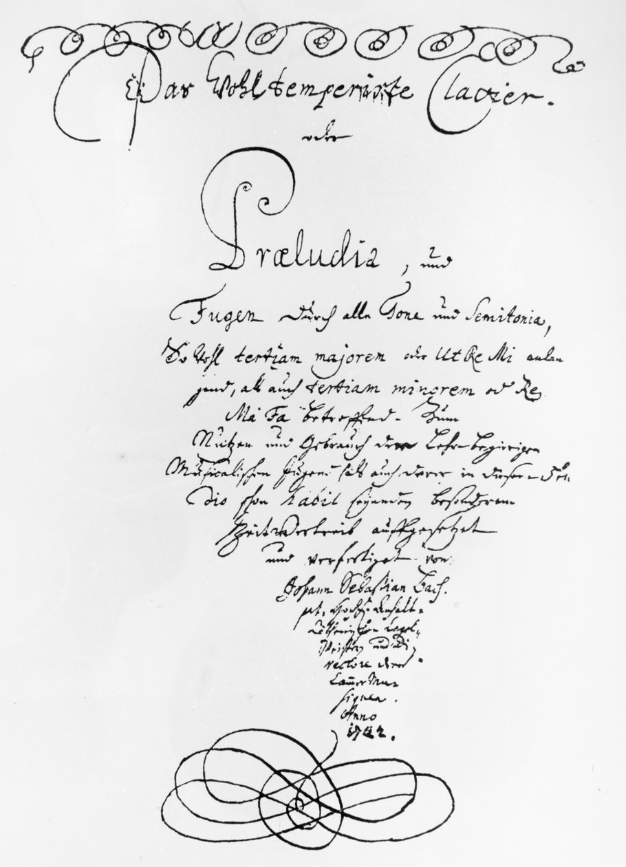 Käsinkirjoitettu The Well Tempered Piano, 1722 otsikkosivu (kynä ja muste paperille) tekijältä Johann Sebastian Bach