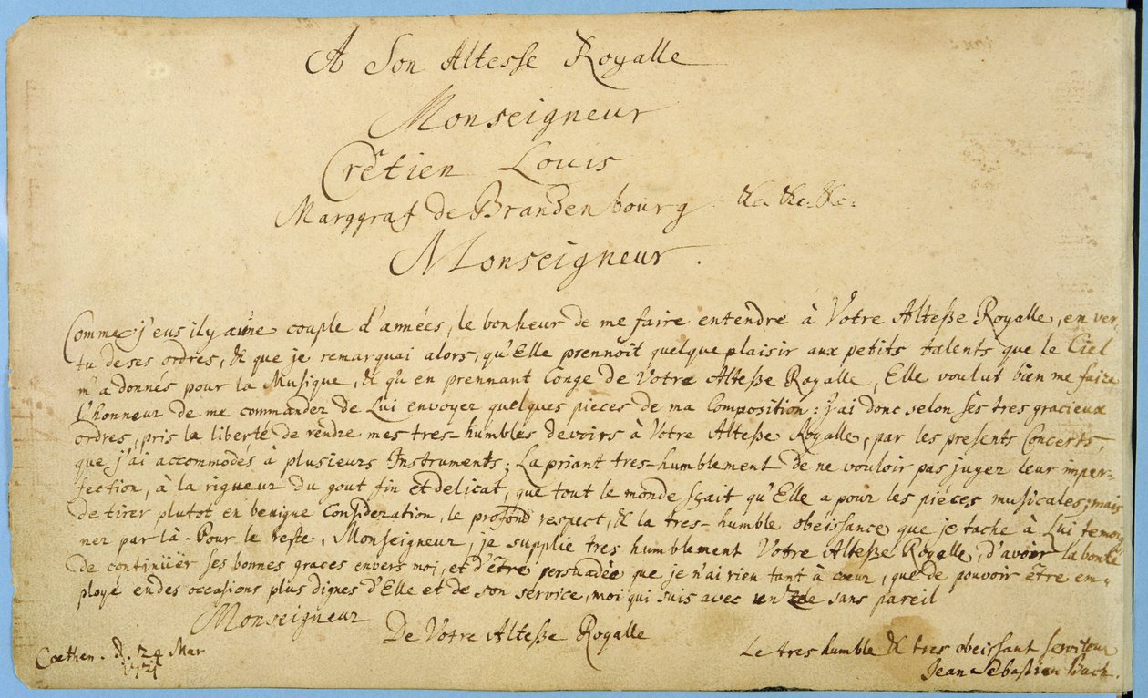 Käsin kirjoitettu omistus "Brandenburger Concertos" -teokseen Christian Ludwigille, Brandenburgin markgraaville 24. maaliskuuta 1721 (tussi ja muste paperille). tekijältä Johann Sebastian Bach