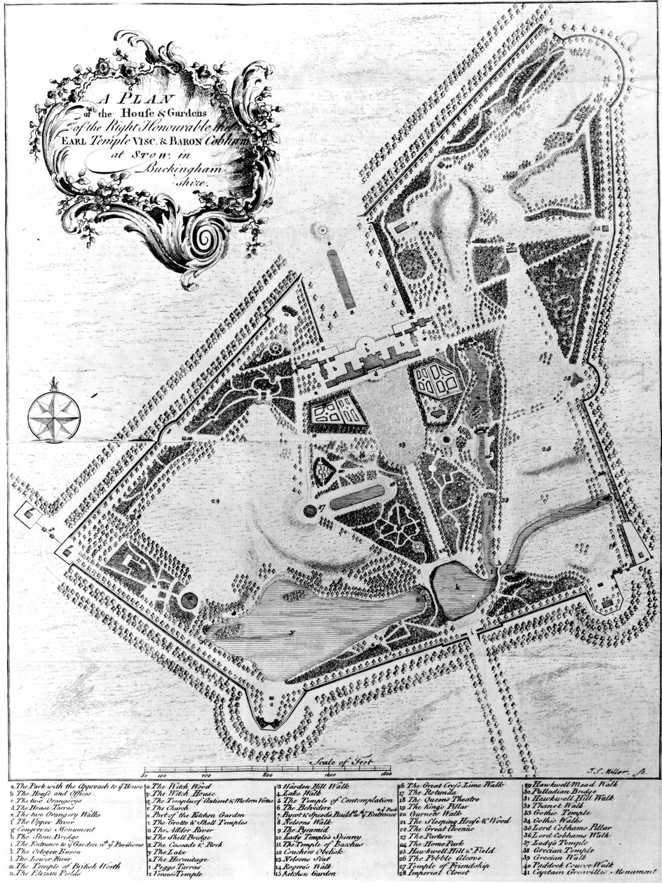 Suunnitelma talosta ja puutarhoista Stowessa, Buckinghamshiressä tekijältä Johann Sebastien Muller