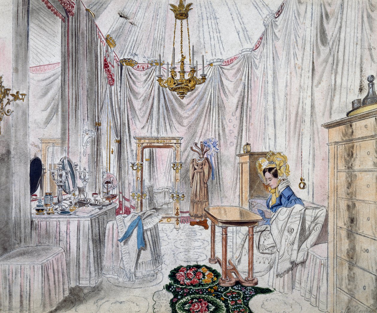 Keisarinna Carolina Augustan pukuhuone Wienin linnassa, akvarelli paperille Johann Stephan Decker (1784-1844) tekijältä Johann Stephan Decker