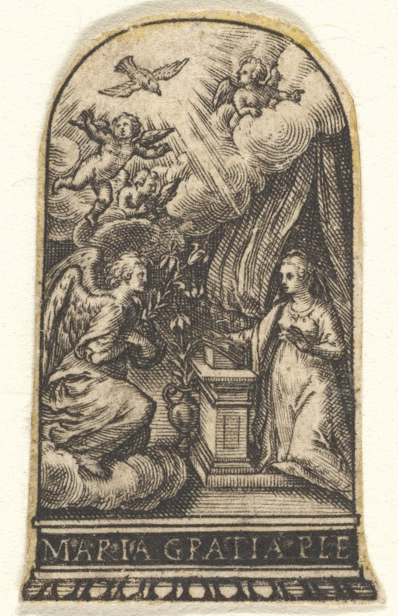 Marian ilmestys, Maria polvistuu puhujapuheluun Gabrielin lähestyessä pilven päällä ..., n. 1580-1600. tekijältä Johann Theodor de Bry