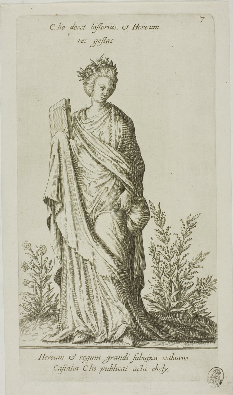 Clio, historian muusa, kilpi 7, Parnassus Bicepsistä tekijältä Johann Theodor de Bry