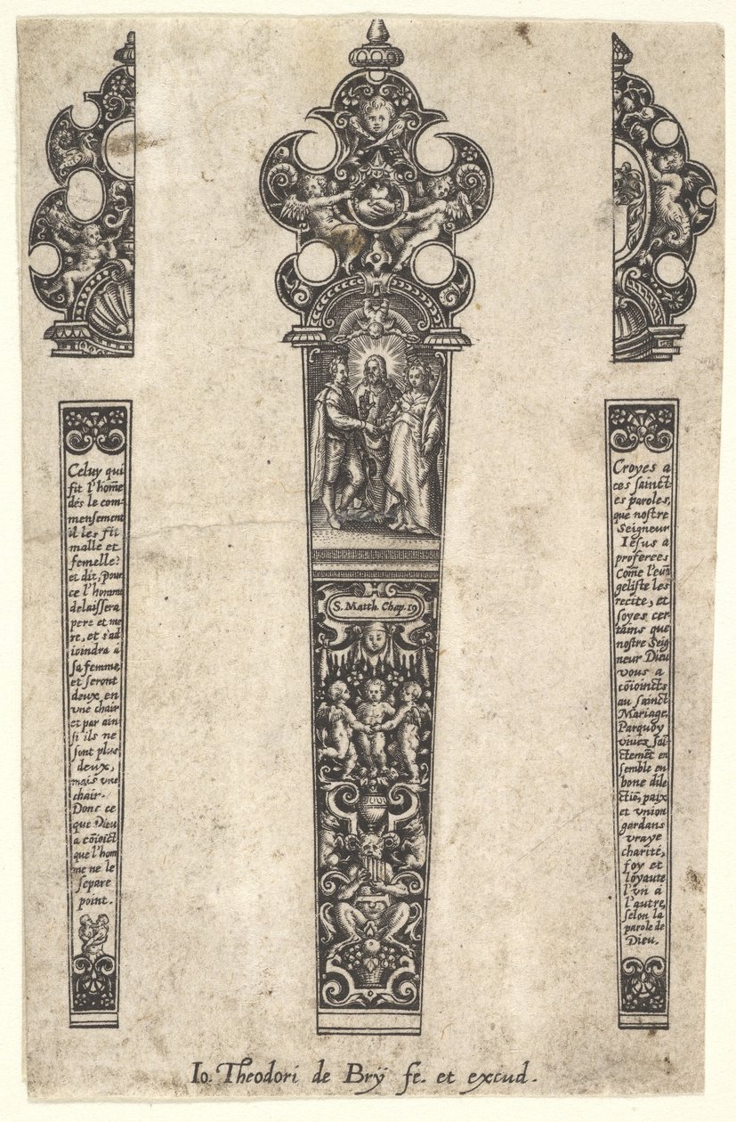 Suunnittelu veitsen kahvalle avioliiton muistoksi, n. 1580-1600. tekijältä Johann Theodor de Bry