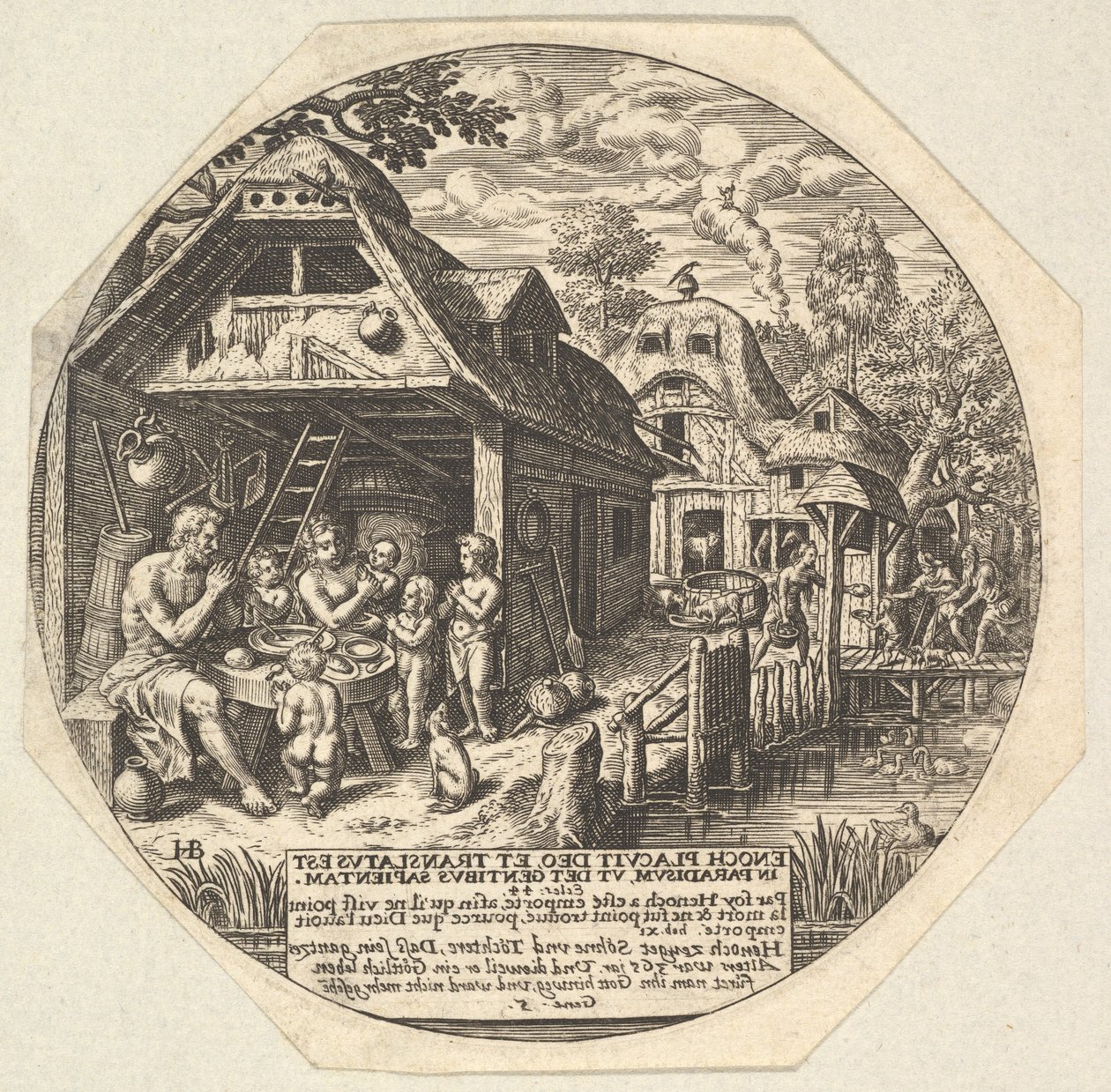 Eenok ja hänen perheensä ympäröivät ateriapöytää ja pitävät käsiään eleellä..., noin. 1580-1623. tekijältä Johann Theodor de Bry