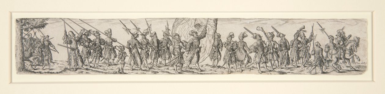 Marssivat sotilaat lipunkantajan kanssa tekijältä Johann Theodor de Bry