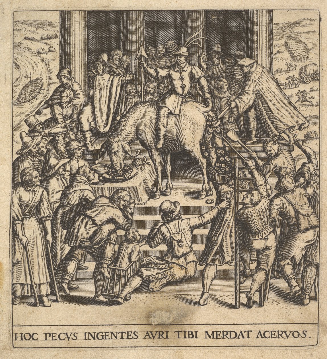 Miehet keräävät muulin takaneljänneksistä pudonnutta lantaa, ratsastaja istumassa..., 1592-1614. tekijältä Johann Theodor de Bry