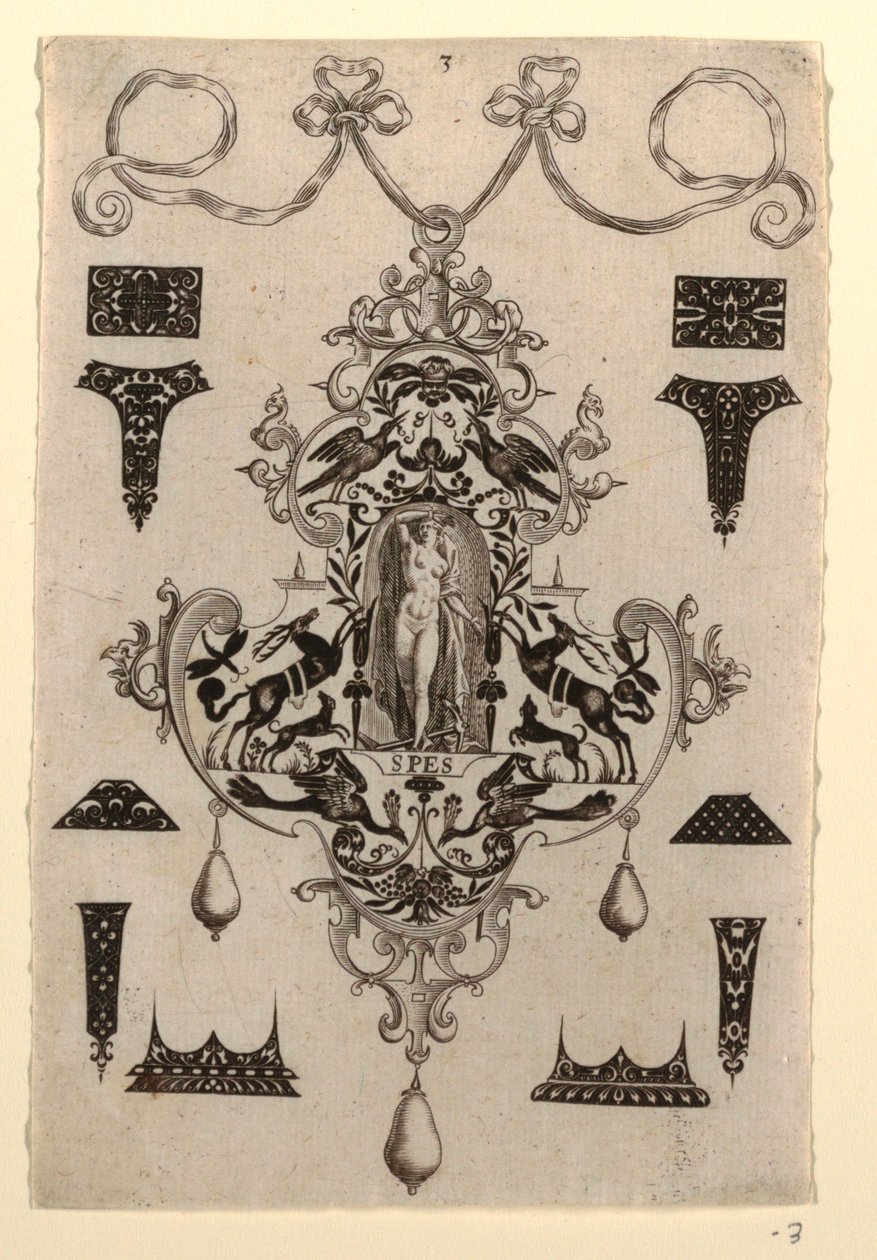 Riipussuunnittelu hyvetoivolla, levy 3, kahdeksan riipusmallin sarjasta, joissa on kardinaaliset hyveet tekijältä Johann Theodor de Bry