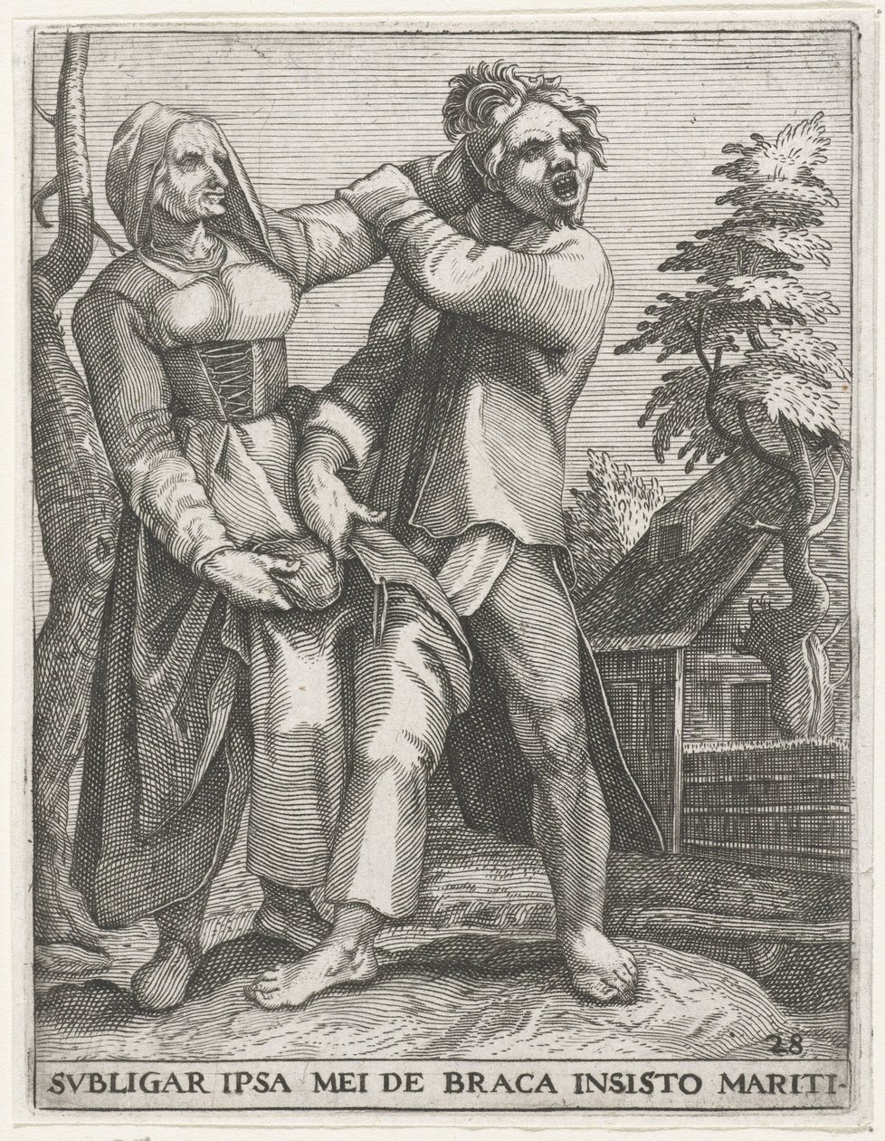 Strijd om de broek SIDON ITSENI MIEHENI PITÄÄNTÄ HOUSUT (otsikko esineessä) Secular Emblems, 1596 (sarjan nimi) tekijältä Johann Theodor de Bry