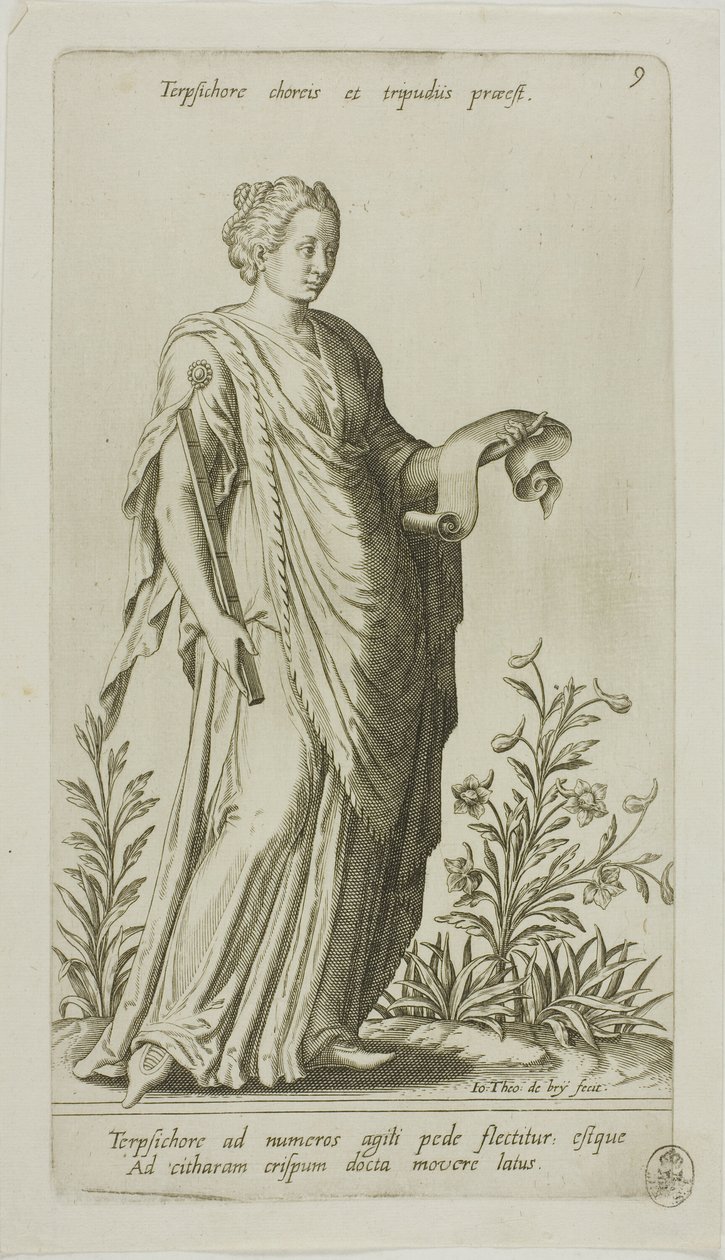 Terpsichore, Muse of Dance, levy 9 merkiltä Parnassus Biceps tekijältä Johann Theodor de Bry