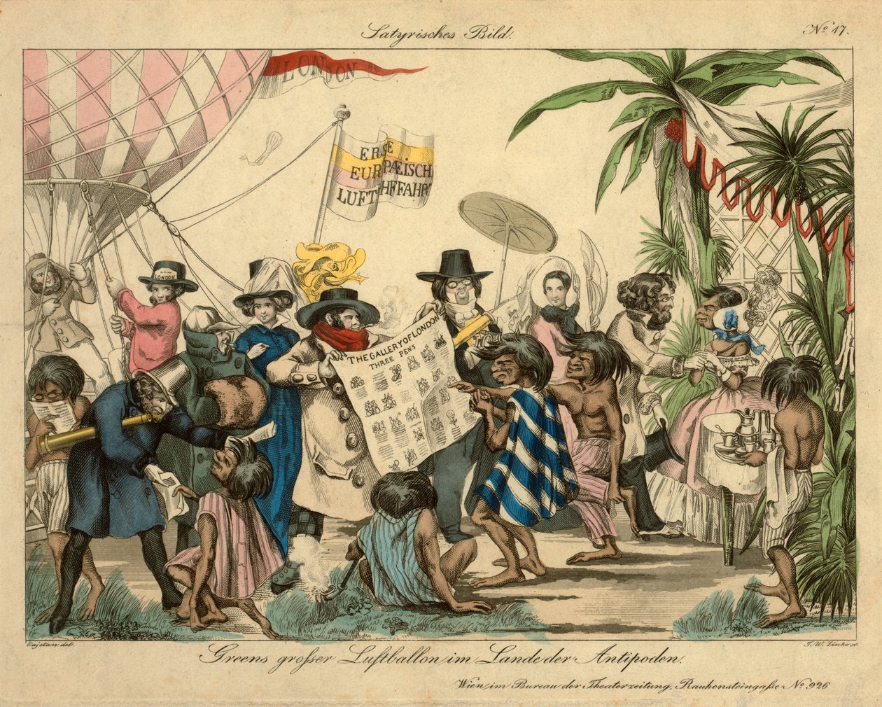 Greenin kuumailmapallo Antipodesissa, n. 1840 (käsinvärinen etsaus) tekijältä Johann Wenzel Zinke
