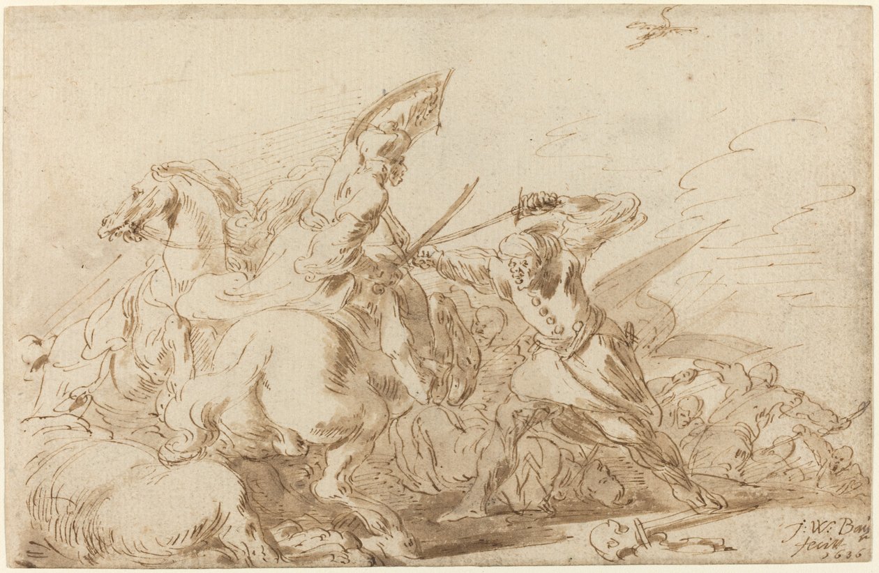 Taistelu itämaisen ratsuväen ja sotilaiden välillä, 1636. tekijältä Johann Wilhelm Baur