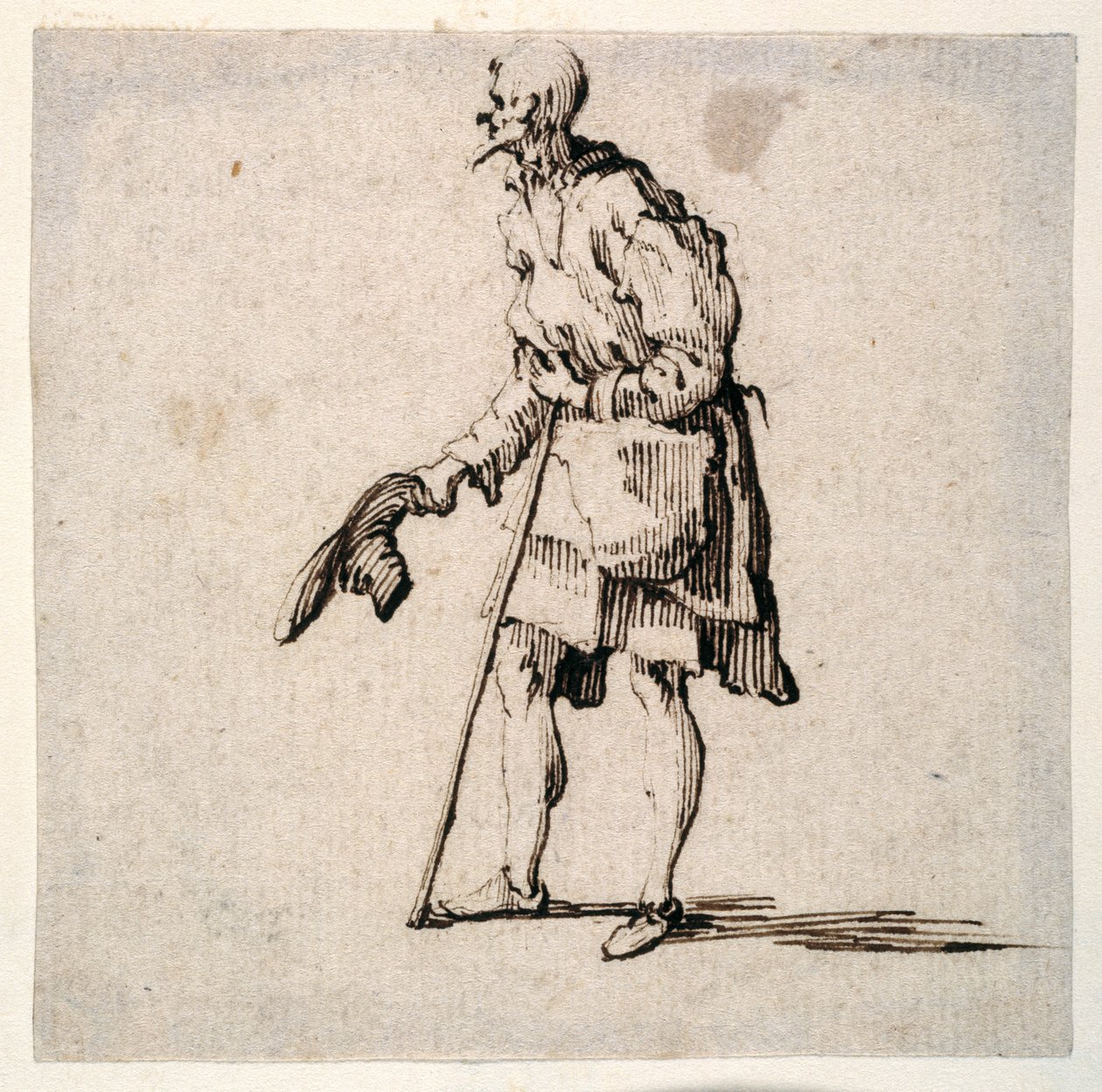 Maalaismies seisomassa ja riisumassa lakkiaan (kynä ja muste paperille) tekijältä Johann Wilhelm Baur