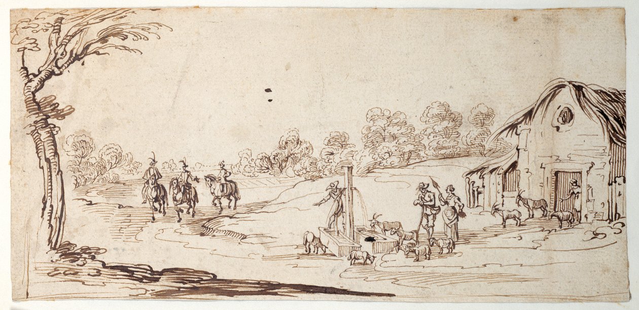 Maaseutumaisema (kynä ja muste paperille) tekijältä Johann Wilhelm Baur