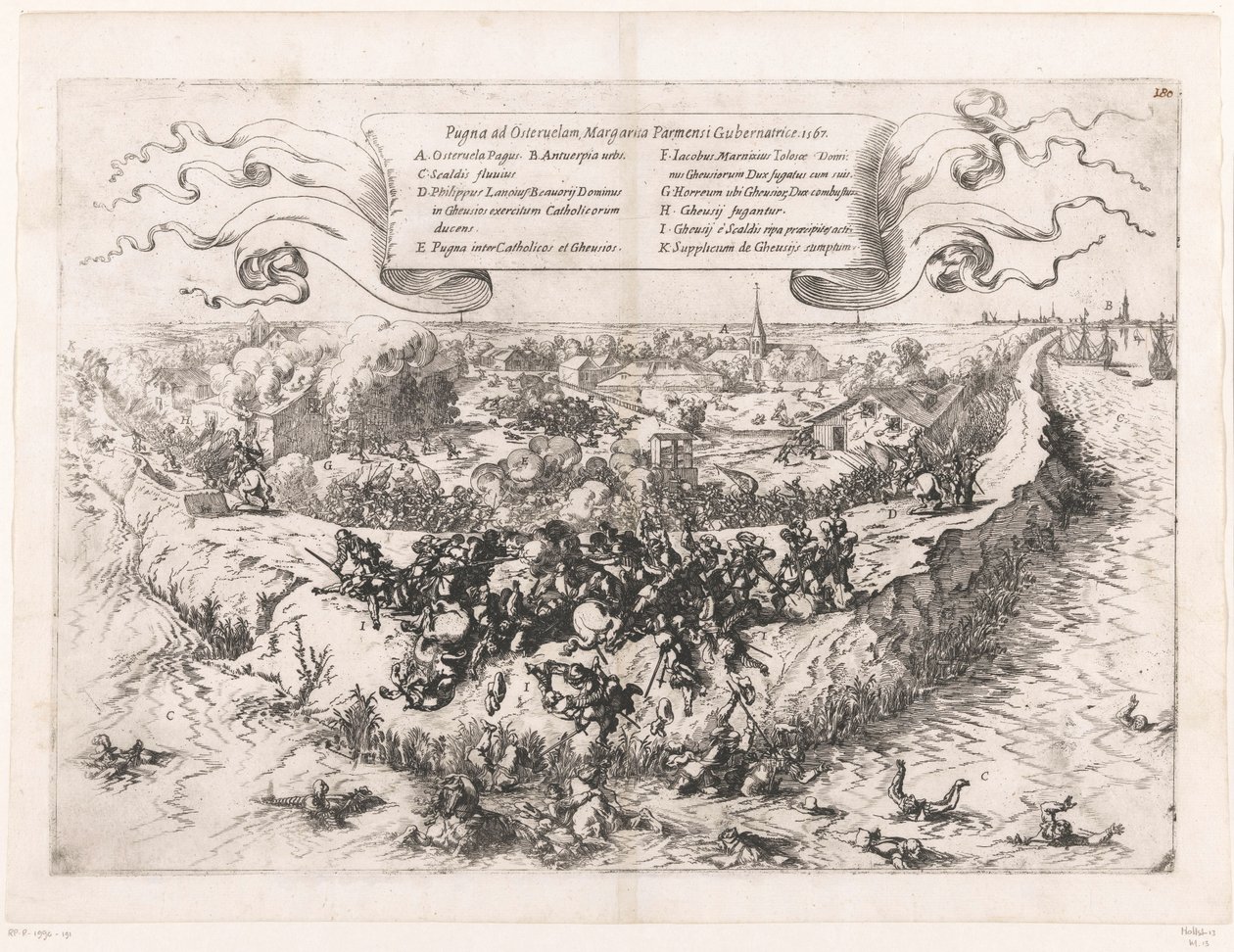 Oosterweelin taistelu, 1567 Pugna ad Osteruelam, Margarita Parmensi Gubernatrice. 1567 (otsikko esineessä) tekijältä Johann Wilhelm Baur