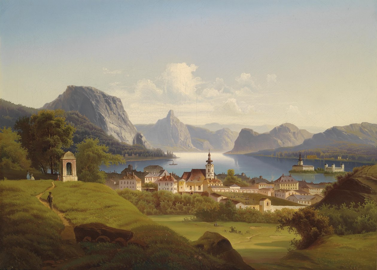 Näkymä Gmundenista, taustalla Schloss Ort, 1870 tekijältä Johann Wilhelm Jankowski