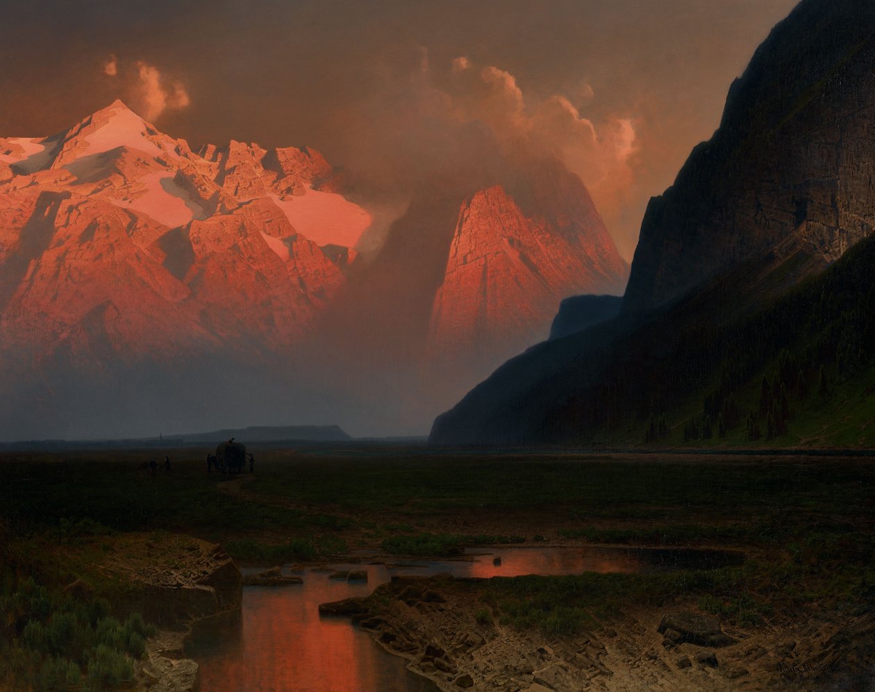 Loisachin laakso Baijerin Alpeilla, noin 1871 (öljy kankaalle). tekijältä Johann Wilhelm Julius Kohnholz