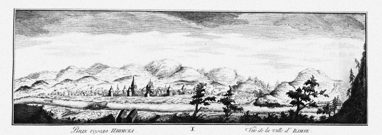 Näkymä Ilimskiin, noin 1735 tekijältä Johann Wilhelm Lürsenius