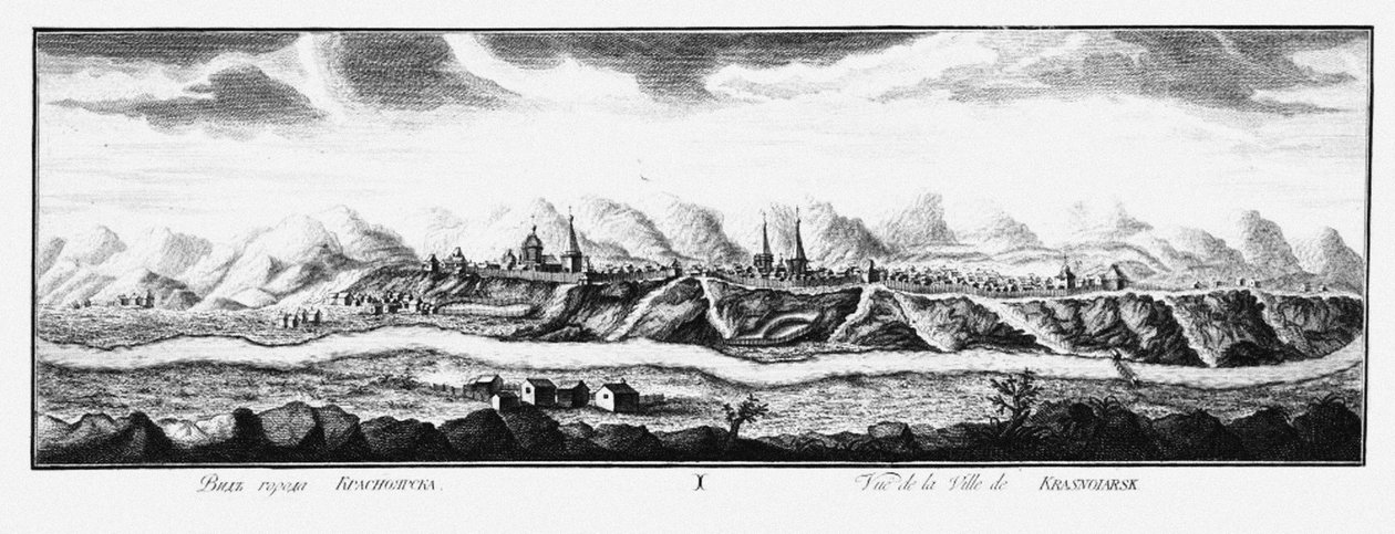 Näkymä Krasnojarskiin, noin 1735 tekijältä Johann Wilhelm Lürsenius