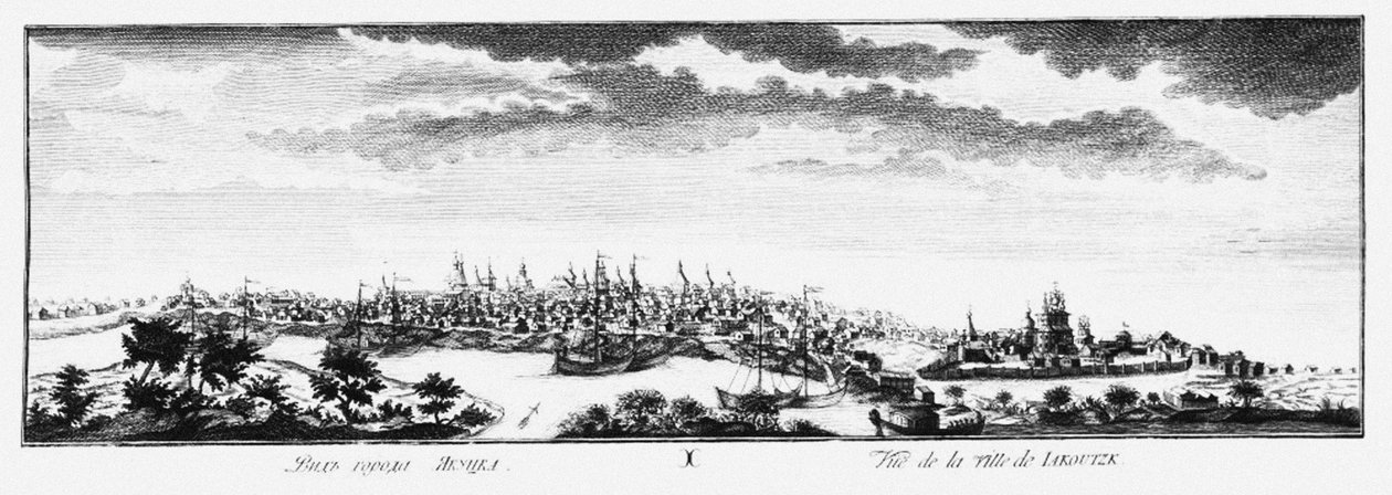 Näkymä Jakutskista, noin 1735 tekijältä Johann Wilhelm Lürsenius