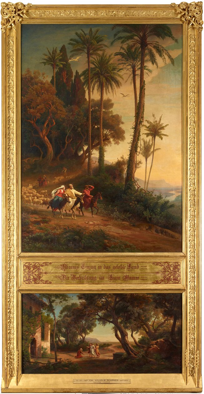 Abrahamin saapuminen Luvattuun maahan (ylhäällä). Lupaus Mamren lehdossa (alhaalla). Sarjasta "Kaksitoista raamatullista maisemaa Abrahamin historiasta" tekijältä Johann Wilhelm Schirmer