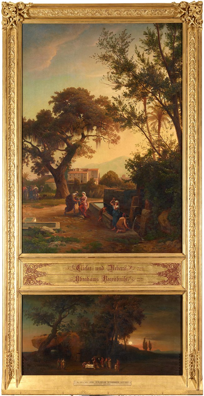Elieser ja Rebekka kaivon äärellä (ylhäällä). Aabrahamin hautajaiset (alhaalla). Teoskuvasta ”Kaksitoista raamatullista maisemaa Aabrahamin tarinasta” tekijältä Johann Wilhelm Schirmer
