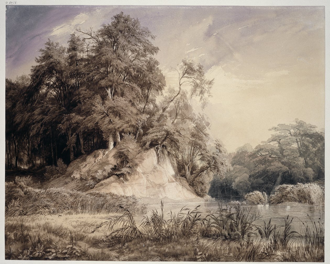Metsämaisema, järvi ja joutsenia tekijältä Johann Wilhelm Schirmer