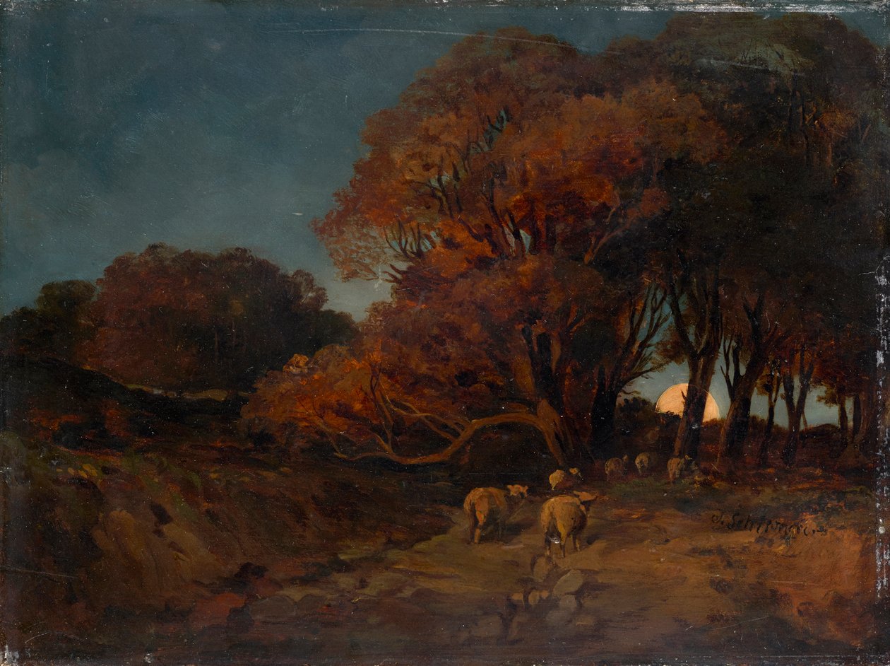 Syksyinen metsä kuunvalossa tekijältä Johann Wilhelm Schirmer
