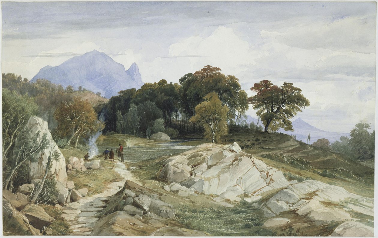 Italialainen metsä- ja vuoristomaisema, ratsastaja ja kolme miestä nuotion äärellä tekijältä Johann Wilhelm Schirmer