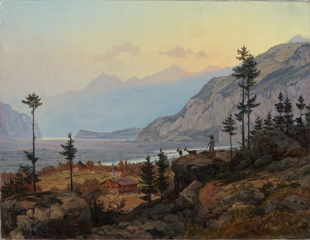 Sveitsiläinen alppimaisema, jossa on joki ja järvi tekijältä Johann Wilhelm Schirmer