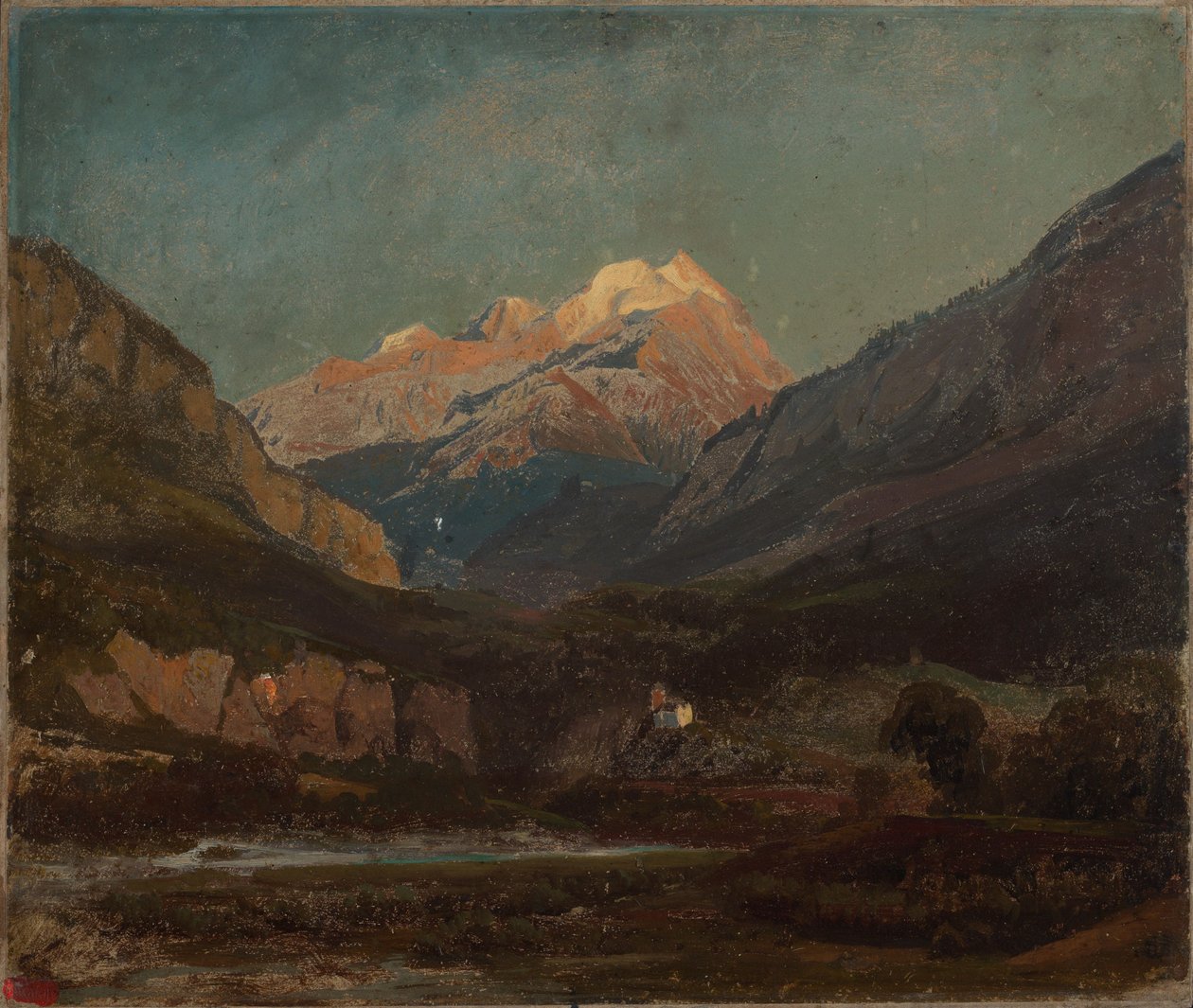 Sveitsiläinen vuoristomaisema, jossa on kappeli ja kaukainen lumihuippu tekijältä Johann Wilhelm Schirmer