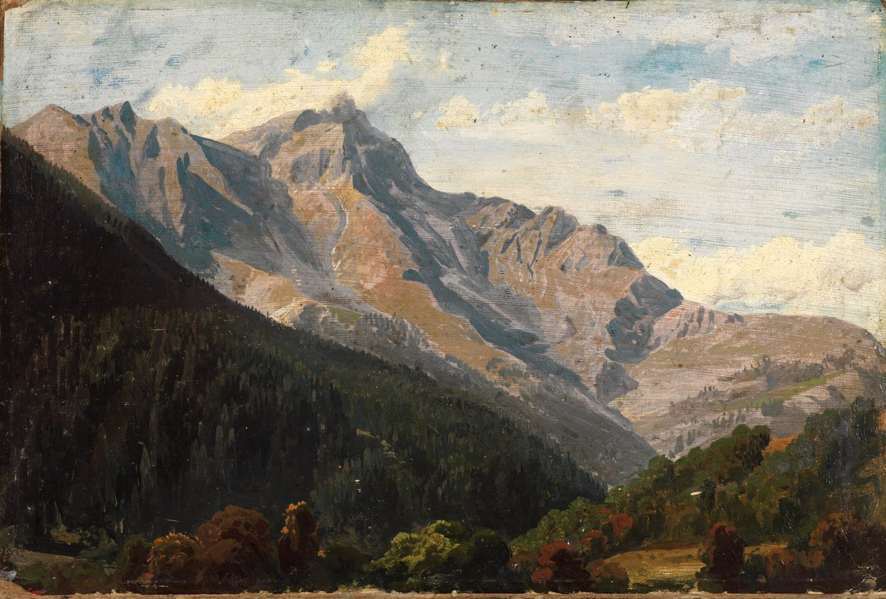 Sveitsiläinen vuoristomaisema, taustalla Piz Beverin tekijältä Johann Wilhelm Schirmer