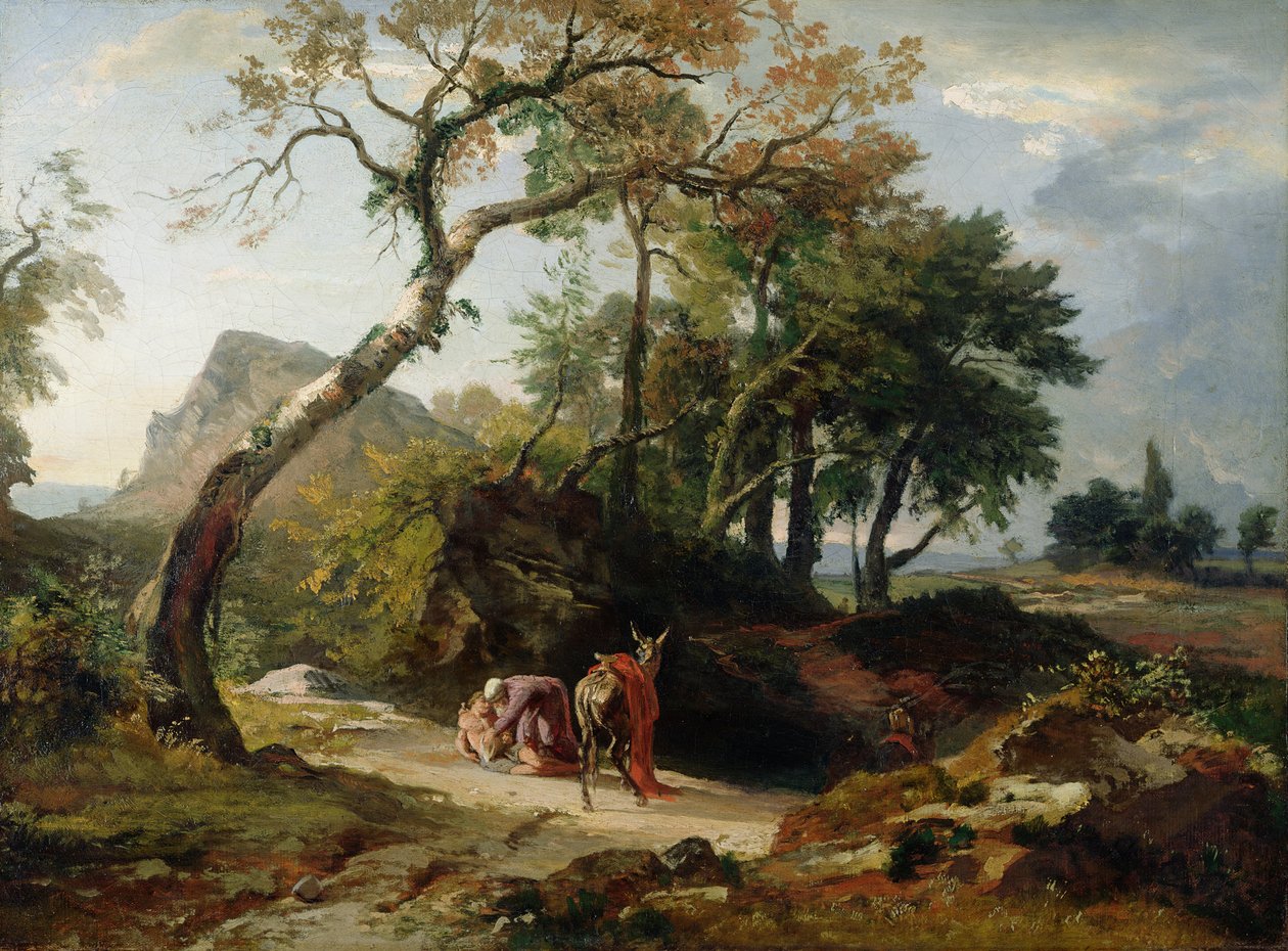 Armollinen samarialainen pelastaa loukkaantuneen miehen (ilta) n. 1856 tekijältä Johann Wilhelm Schirmer