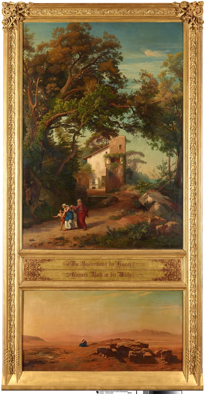 Hagarin karkottaminen (ylhäällä). Hagar autiomaassa (alhaalla). Teos sarjasta ”Kaksitoista raamatullista maisemaa Aabrahamin tarinasta” tekijältä Johann Wilhelm Schirmer
