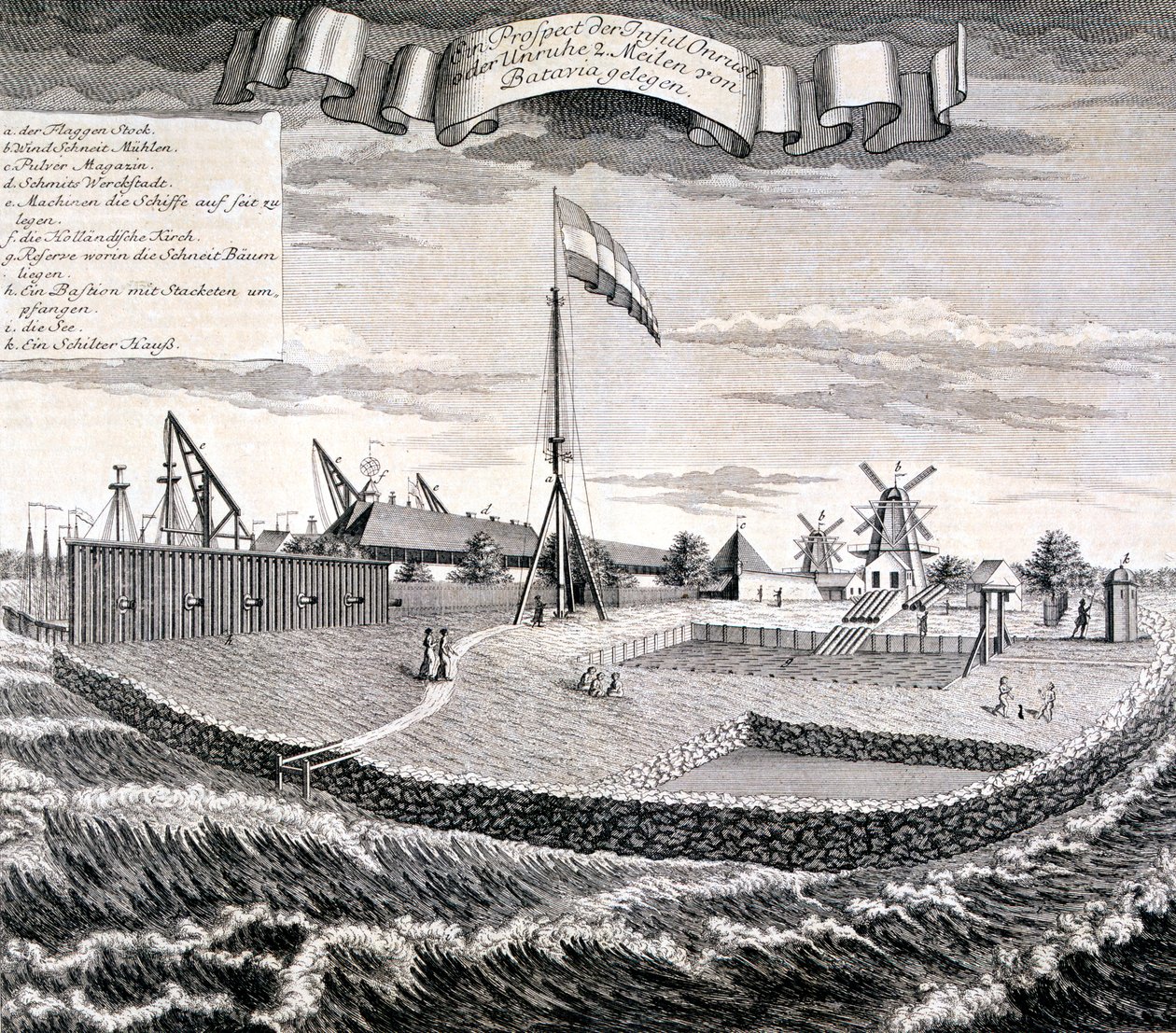 Hollannin Itä-Intian yrityksen puu- tai sahalaitos saarella kahden mailin päässä Bataviasta, pubista. 1744. tekijältä Johann Wolfgang Heydt