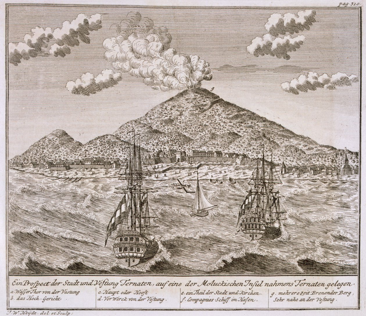 Saari nimeltä "Ternate" Molukeilla, rannikolla ja Hollannin Itä-Intian yhtiön laivoilla 1730-luvulla Batavian kuvasarjasta "Schau-platz von Africa und Ost-Indien", julkaistu 1744 (kaiverrus) tekijältä Johann Wolfgang Heydt