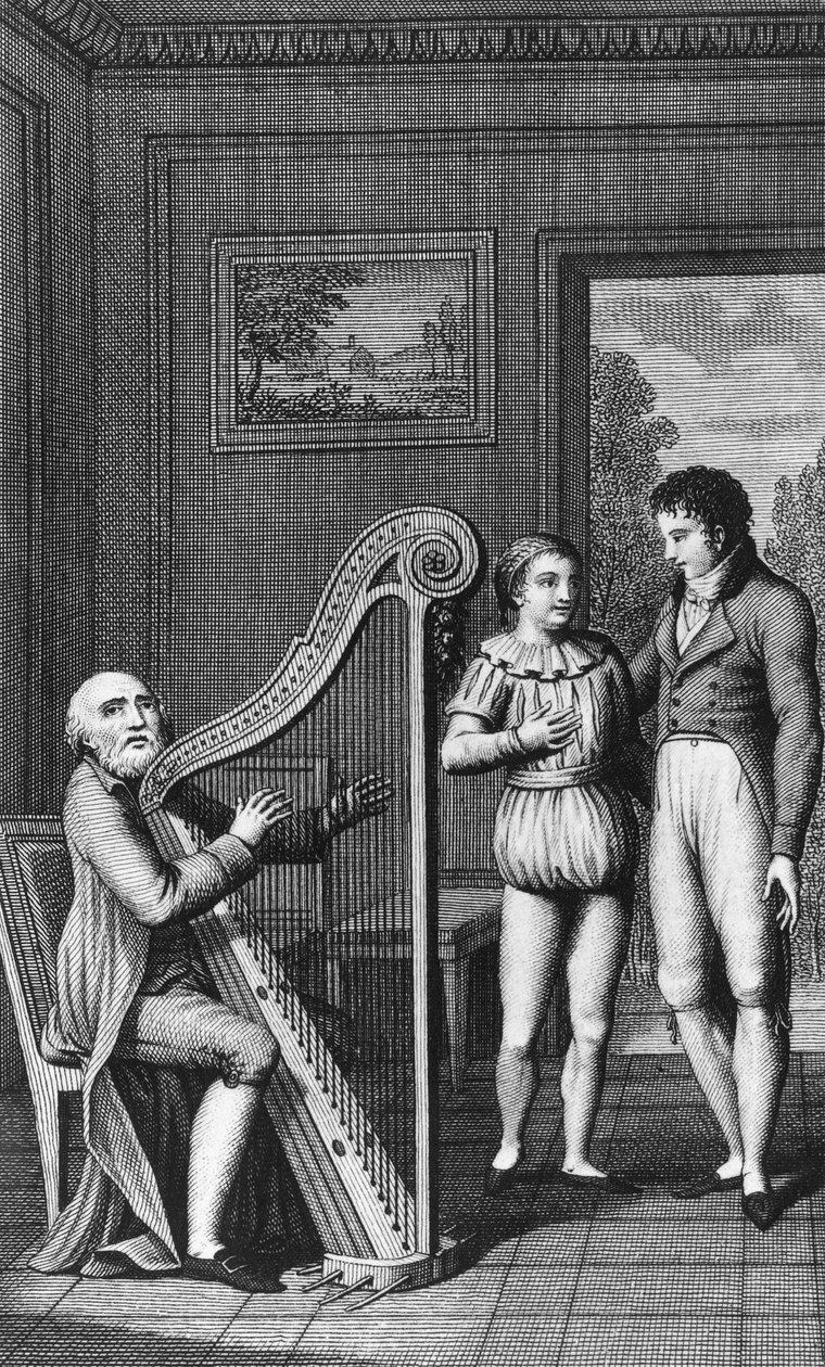 Harpisti, Mignon ja Wilhelm, Johann Wolfgang von Goethen (1749-1832) romaanin Wilhelm Meisterin oppisopimuskoulun kuvitettu etukappale, kaiverrus vuonna 1802 julkaistusta painoksesta tekijältä Johann Wolfgang von Goethe
