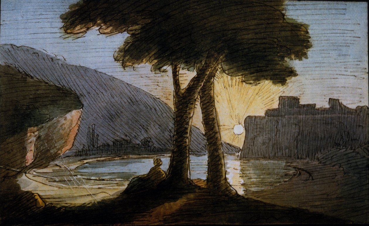 Auringonlasku roomalaisten raunioiden päällä. Akvarelli Johann Wolfgang Von Goethe (1749-1832). 1800-luvun alku tekijältä Johann Wolfgang von Goethe