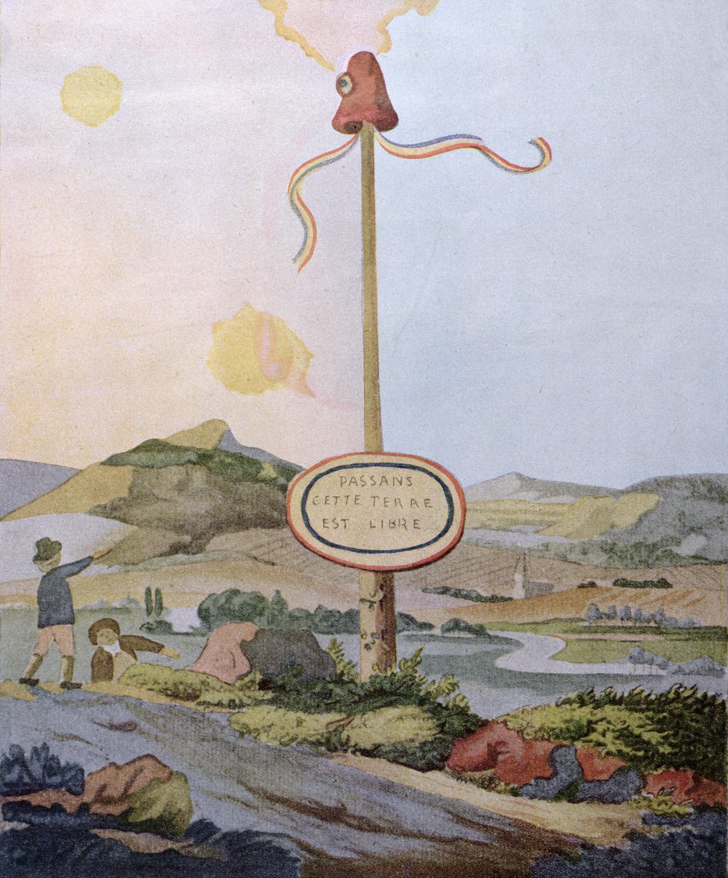"Vaeltajat, tämä maa on vapaa", vapauspylväs Ranskan ja Luxemburgin rajalla Moselissa, kopio alkuperäisestä akvarelliväristä, joka on tehty vuonna 1792, n. 1847 tekijältä Johann Wolfgang von Goethe