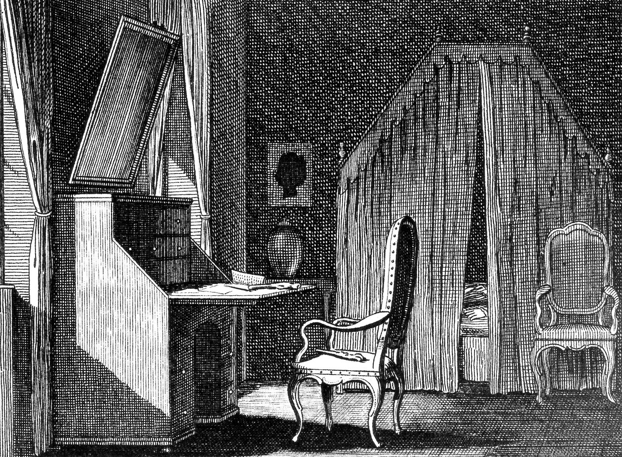 Wertherin huone, Daniel Chodowieckin (1726-1801) kuvitus, Johann Wolfgang von Goethen (1749-1832) Nuoren Wertherin murheista inspiroima kaiverrus tekijältä Johann Wolfgang von Goethe