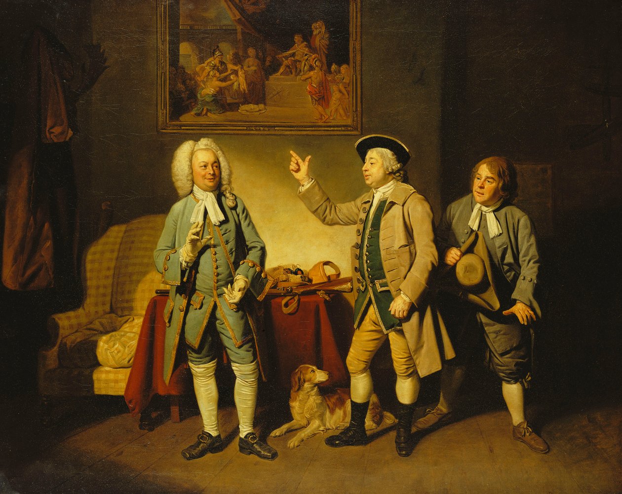 Kohtaus Isaac Bickerstaffen "Love in a Village" -sarjasta, näytös 1, kohtaus 2, Edward Shuter Justice Woodcockina, John Beard Hawthornina ja John Dunstall Hodgena, tekijältä Johan Joseph Zoffany