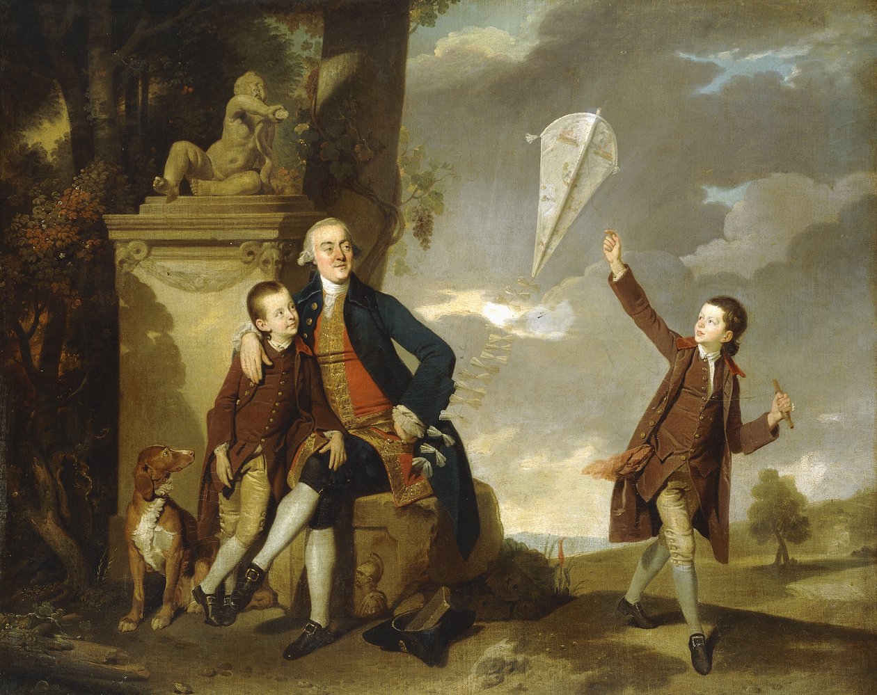 Ryhmämuotokuva George Fitzgeraldista poikiensa Georgen kanssa, nähty lentävän leijaa, ja Charlesista. Johan Zoffany tekijältä Johan Joseph Zoffany