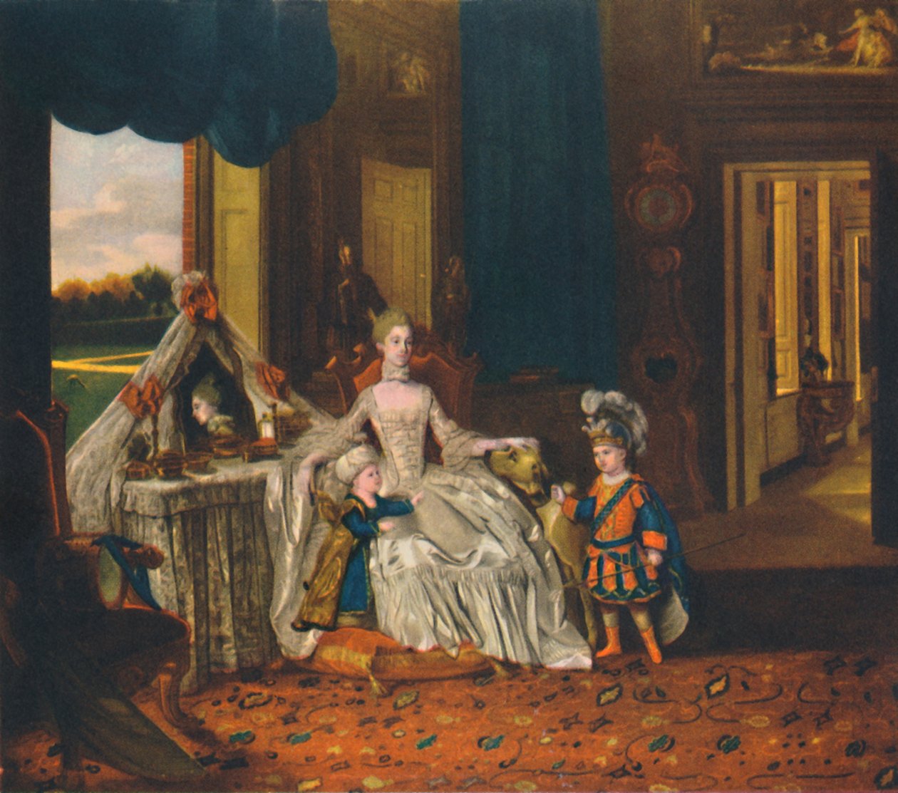Kuningatar Charlotte pukuhuoneessa prinssin ja herttuan kanssa hienossa mekossa, c1766, 1948 tekijältä Johan Joseph Zoffany